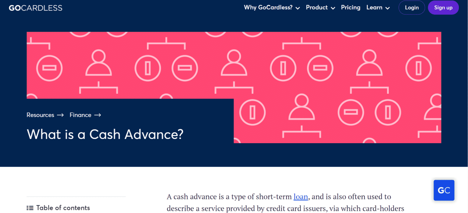 Screenshot of GoCardless resource page for "What is a Cash Advance?"