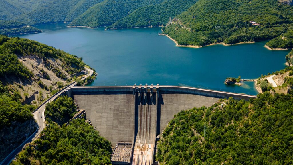 Aerial View of the Water Dam in Vacha Reservoir, Bulgaria. European Language Facts.